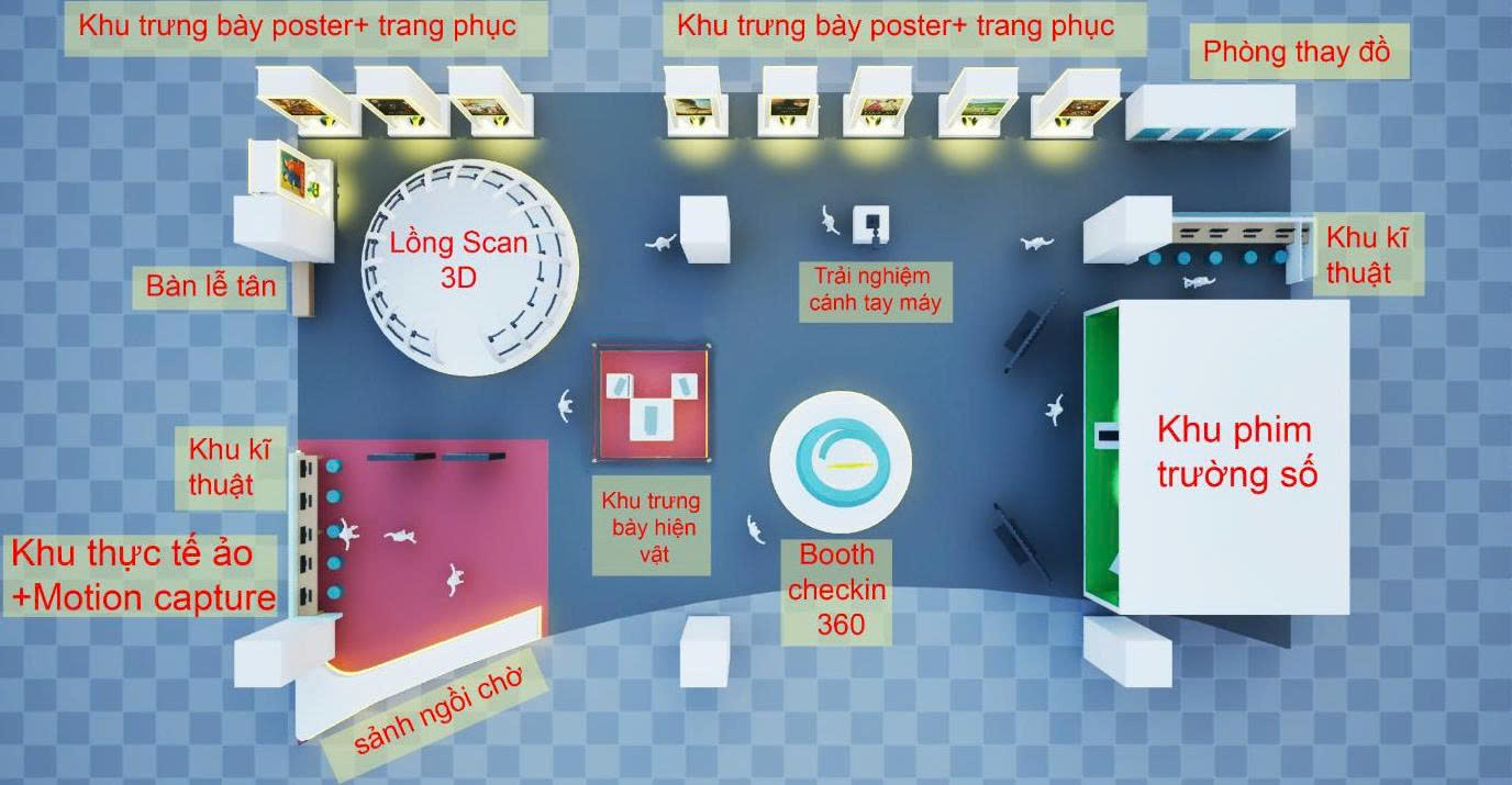 Không gian triển lãm của ngành Điện ảnh được thiết kế phong cách hiện đại, kết nối với truyền thống